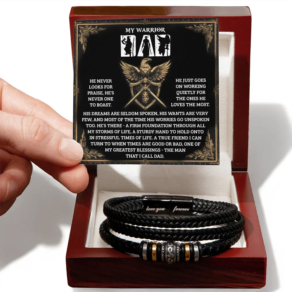 My Warrior Dad - Father's Day, Birthday Gift for Dad - Men's Braided Vegan Leather Bracelet with Quiet Strength Warrior Message Card