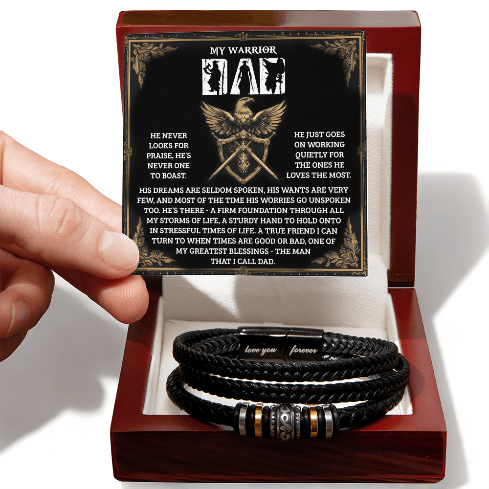 My Warrior Dad - Father's Day, Birthday Gift for Dad - Men's Braided Vegan Leather Bracelet with Quiet Strength Warrior Message Card - Mallard Moon Gift Shop