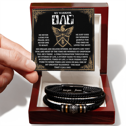 My Warrior Dad - Father's Day, Birthday Gift for Dad - Men's Braided Vegan Leather Bracelet with Quiet Strength Warrior Message Card - Mallard Moon Gift Shop