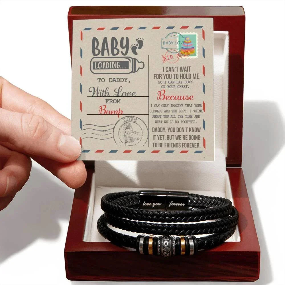 Gift for New Dad - Baby Loading Daddy Can't Wait to Lay Down On Your Chest, Love The Bump -Braided Leather Men's Bracelet