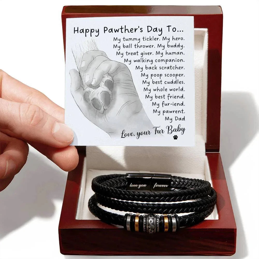 Gift for Fur Dad Happy Pawther's Day Personalized Black Braided Leather Men's Bracelet
