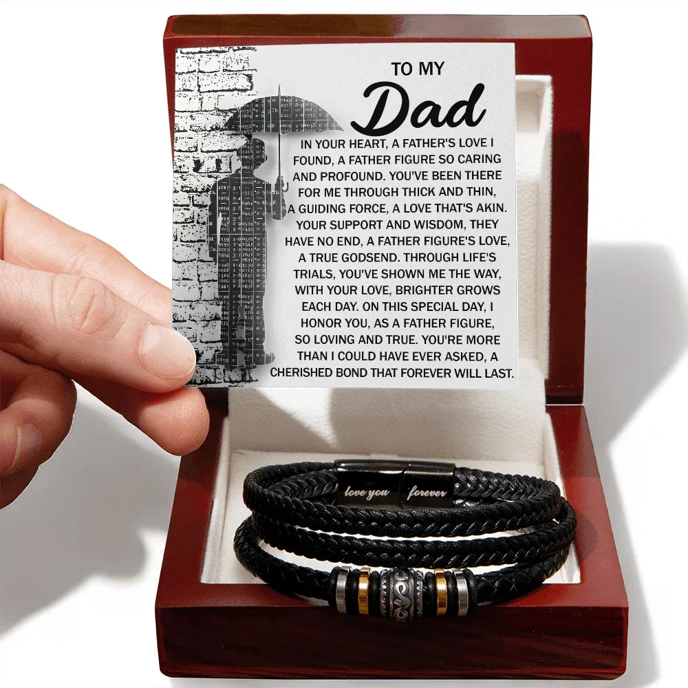 To My Dad Men's Vegan Leather Bracelet Birthday, Father's Day Gift with Heartfelt “Father Figure” Message Card -