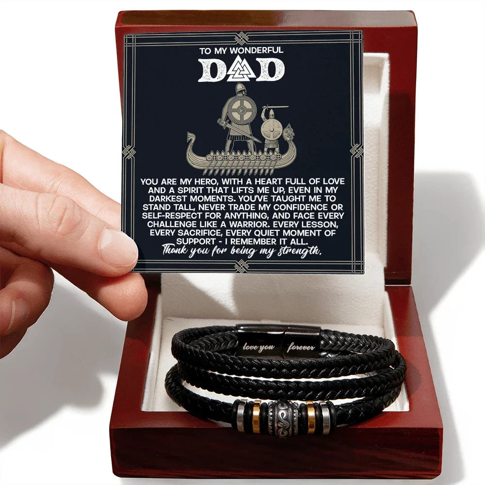 Dad - You are my Hero - Braided Vegan Leather Bracelet with Viking Heartfelt Message Card Birthday, Father's Day, Christmas Gift