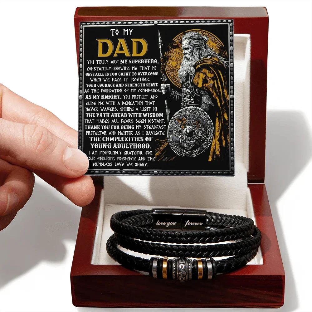 To My Dad Braided Leather Bracelet with Superhero Knight Viking Dad Message Card - Thoughtful Father's Day, Birthday Gift from Son or Daughter for Strong and Courageous Fathers