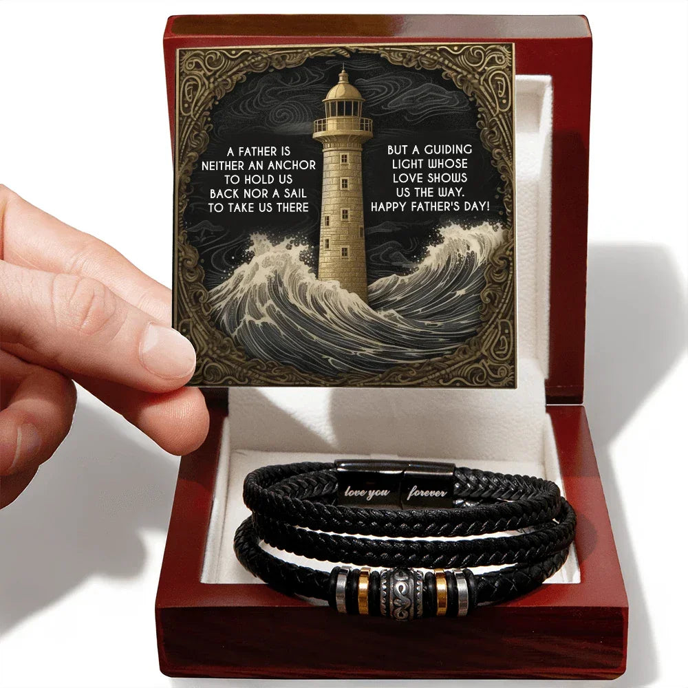 Dad Vegan Leather Bracelet Father's Day Gift - with Inspirational “Guiding Light” Lighthouse Message Card