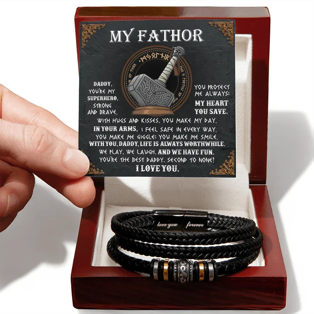 My Father Superhero Viking Men's Vegan Leather Bracelet with Norse-Inspired Superhero Message Card - Unique Gift for Dad from Son or Daughter