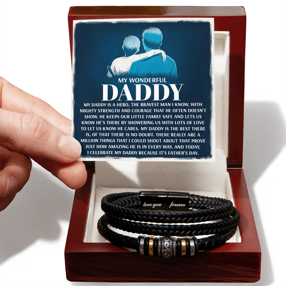 My Wonderful Daddy - Men's Vegan Leather Bracelet with Message Card - Meaningful Gift for Dad from Son or Daughter