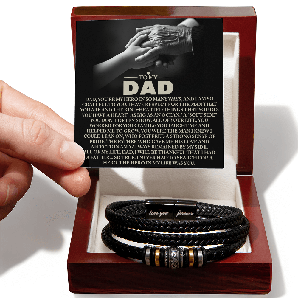 To My Dad Vegan Leather Bracelet Birthday, Father's Day Gift with Heartfelt “Hero in My Life” Message Card - Mallard Moon Gift Shop