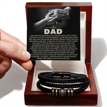 To My Dad Vegan Leather Bracelet Birthday, Father's Day Gift with Heartfelt “Hero in My Life” Message Card - Mallard Moon Gift Shop