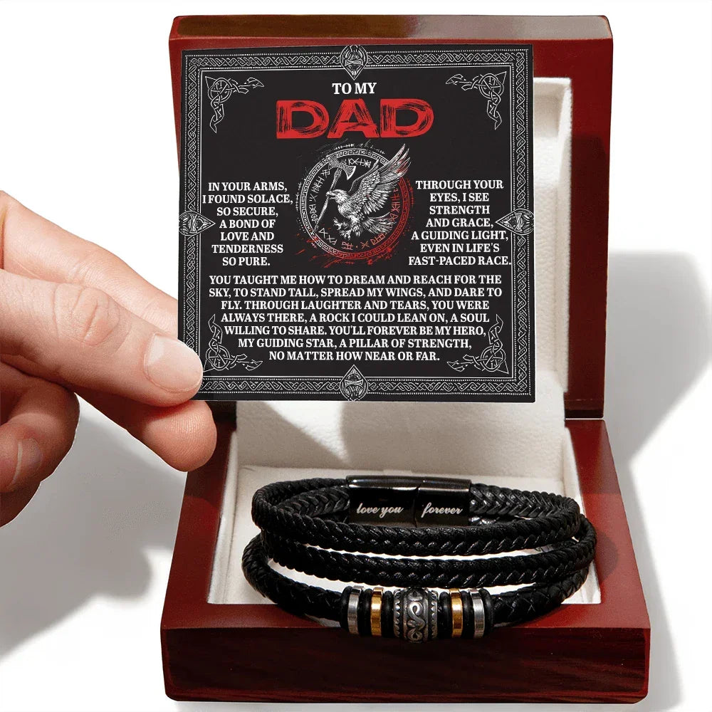To My Dad Father's Day Gift - Men's Vegan Leather Bracelet with Bold Viking-Inspired “Guiding Light” Message Card -- Meaningful Gift for Dad from Son or Daughter
