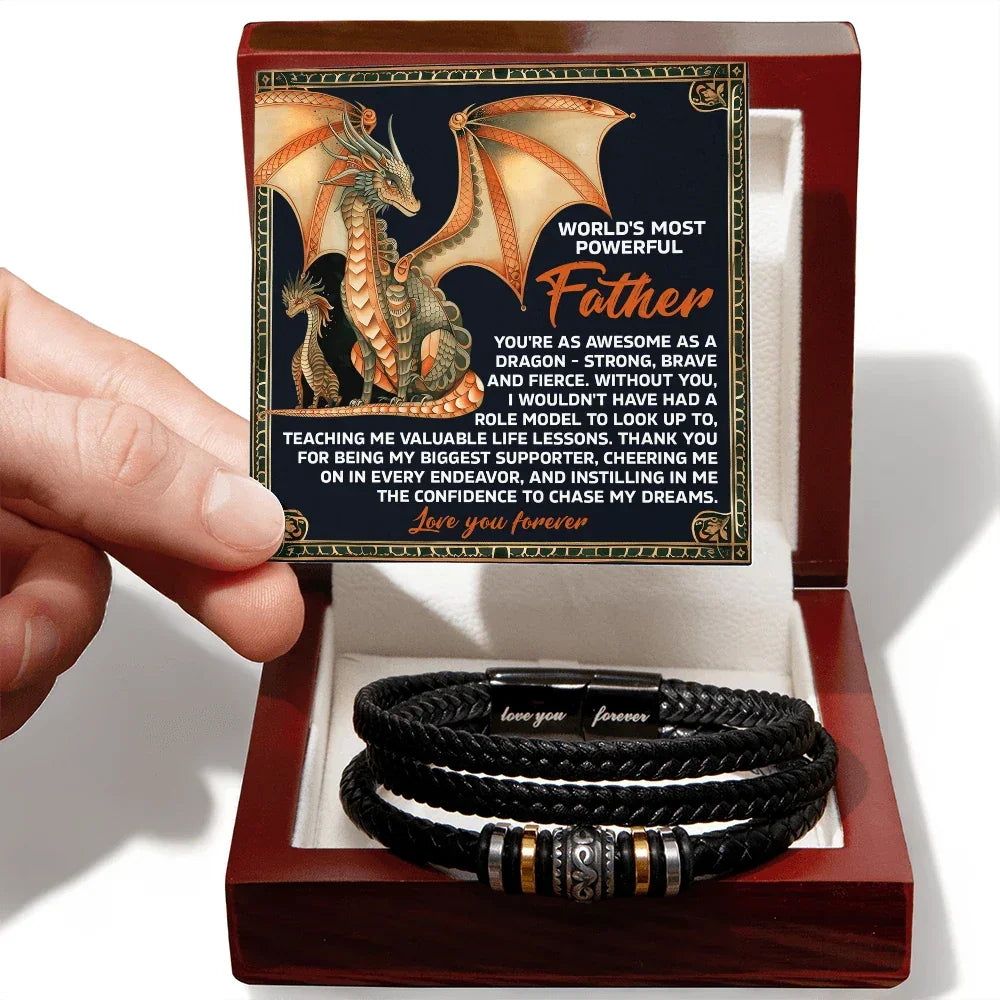 World's Most Powerful Father Gift - Men's Vegan Leather Bracelet with Majestic Dragon Strength Message Card - Unique Gift for Dad from Son or Daughter