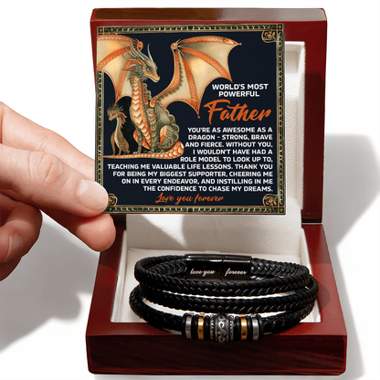 World's Most Powerful Father Gift - Men's Vegan Leather Bracelet with Majestic Dragon Strength Message Card - Unique Gift for Dad from Son or Daughter - Mallard Moon Gift Shop