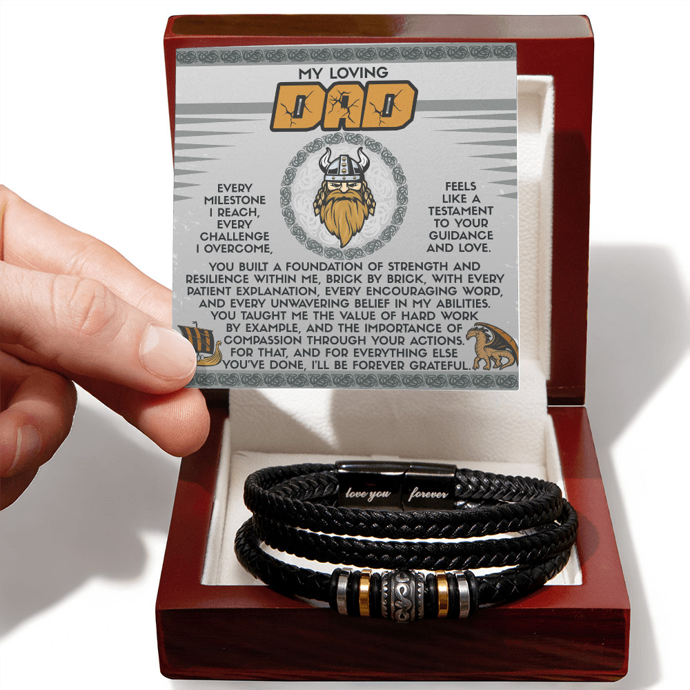 My Loving Dad Birthday, Father's Day Gift - Men's Vegan Leather Bracelet with Viking-Inspired “Foundation Builder” Message Card - Mallard Moon Gift Shop