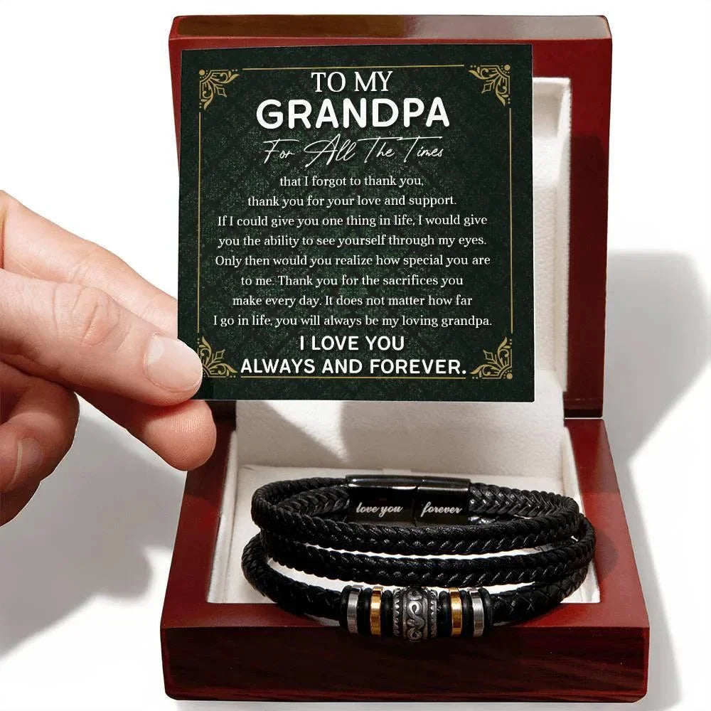 Grandpa Gift Thank You for Your Love and Support Black Braided Leather Men's Bracelet