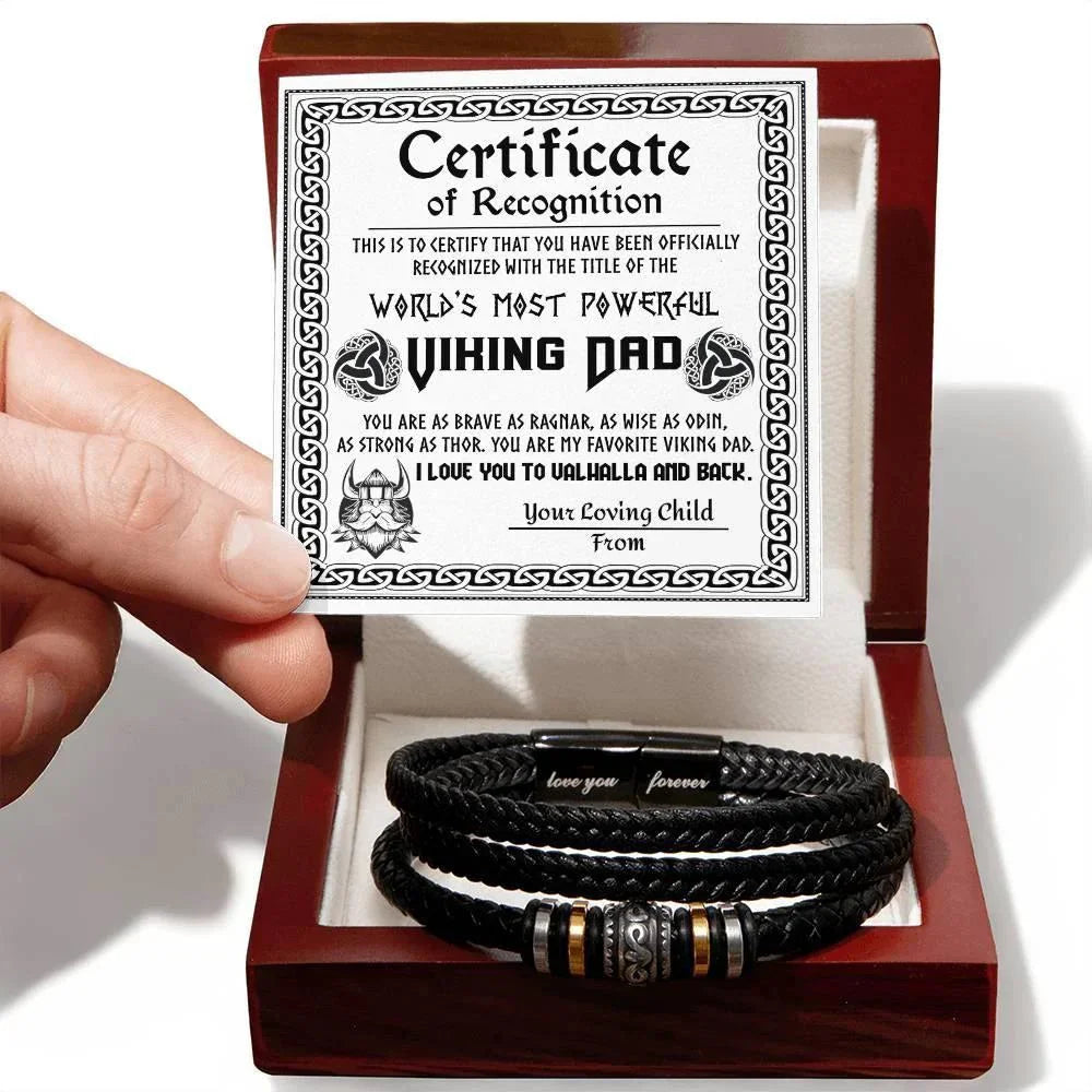 World’s Most Powerful Viking Dad Bracelet – Personalized Certificate Gift from Your Loving Child – Brave, Wise, Strong Norse Mythology Father’s Day Gift Idea – Black Braided Leather Bracelet for Dad