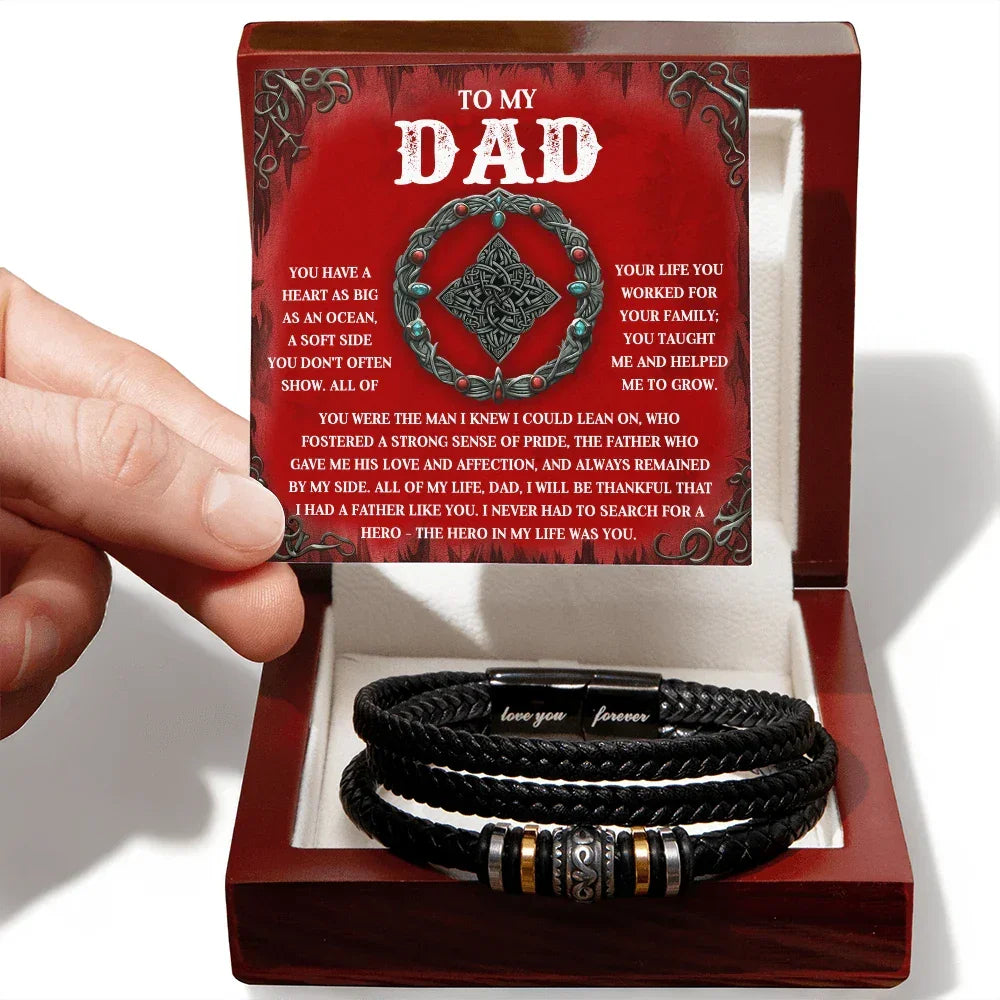 To My Dad Vegan Leather Bracelet Birthday, Father's Day Gift with Celtic-Inspired “Ocean Heart” Message Card