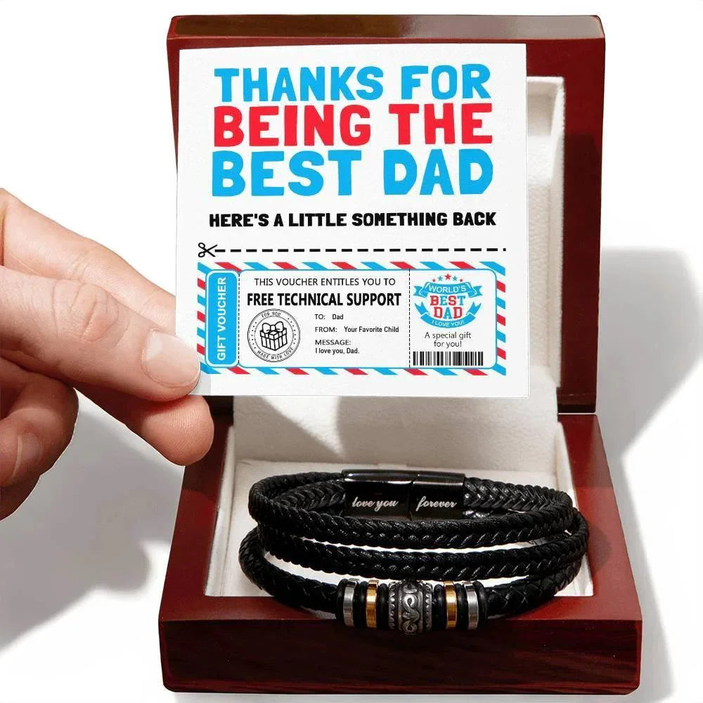 Funny Dad Gift Voucher Bracelet – Free Tech Support Token for the World’s Best Dad – Father’s Day Leather Bracelet Gift from Son or Daughter with Humorous Message Card