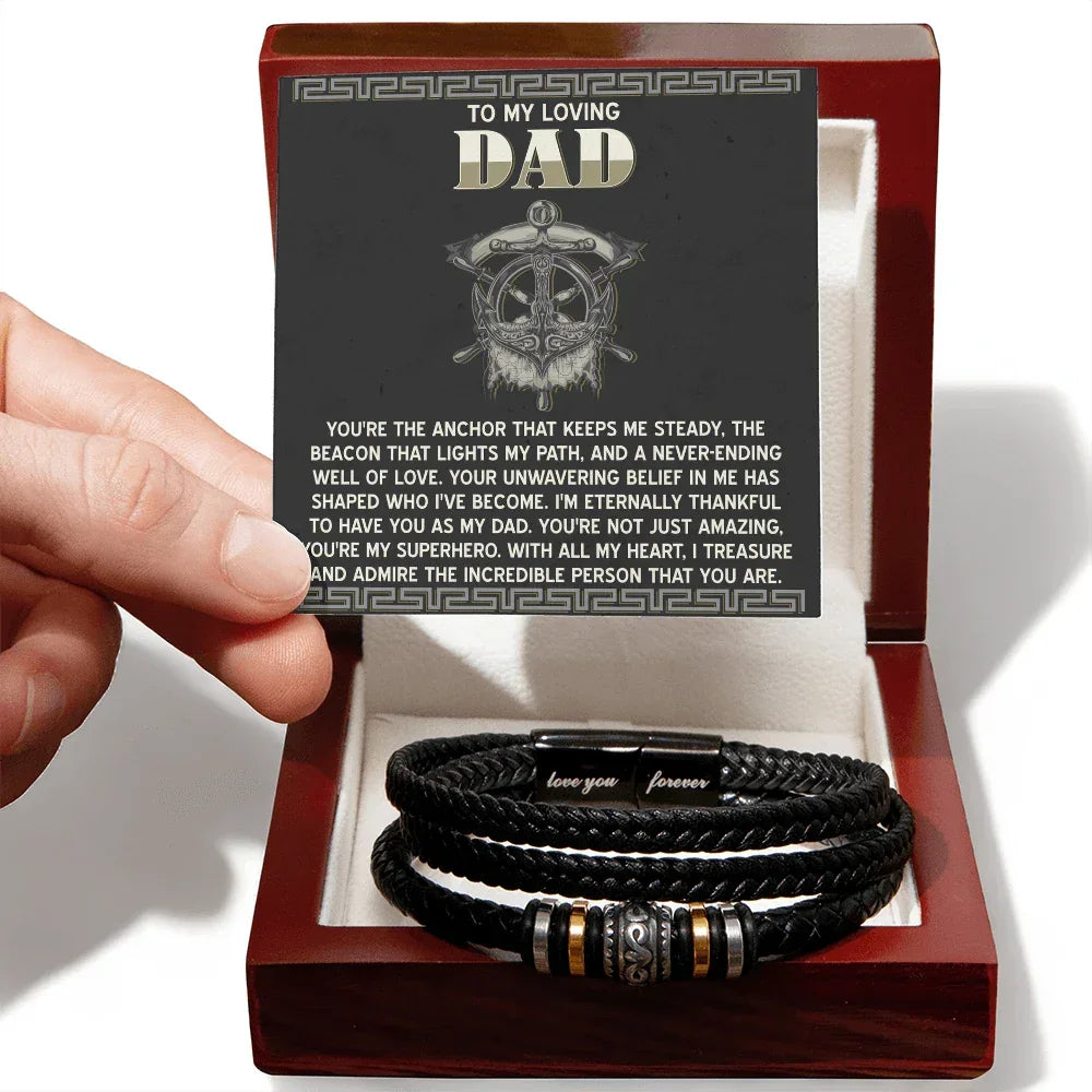 To My Loving Dad- Viking Anchor Braided Leather Bracelet with Inspirational Card - Father's Day, Birthday, or Christmas Gift for Dad from Son or Daughter