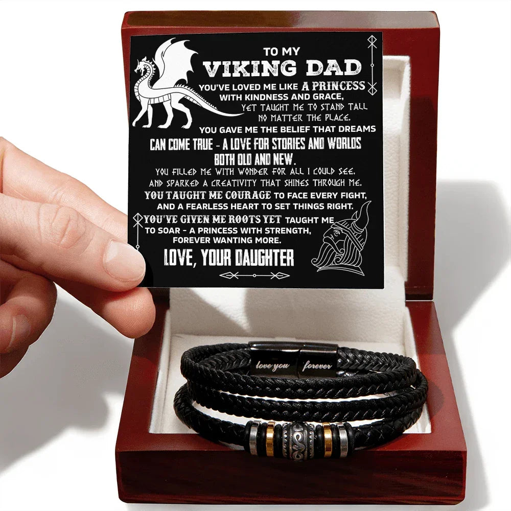 To My Viking Dad Vegan Leather Bracelet Birthday, Father's Day Gift from Daughter with Viking Dragon “Princess Strength” Message Card