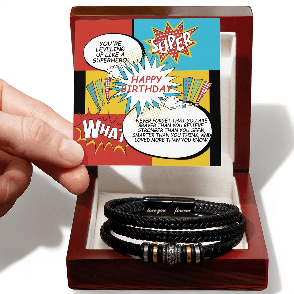 Superhero Birthday Bracelet for Him – “Love You Forever” Engraved Men's Gift | Comic Card Style for Son, Husband, or Boyfriend