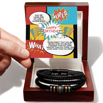 Superhero Birthday Bracelet for Him – “Love You Forever” Engraved Men's Gift | Comic Card Style for Son, Husband, or Boyfriend - Mallard Moon Gift Shop