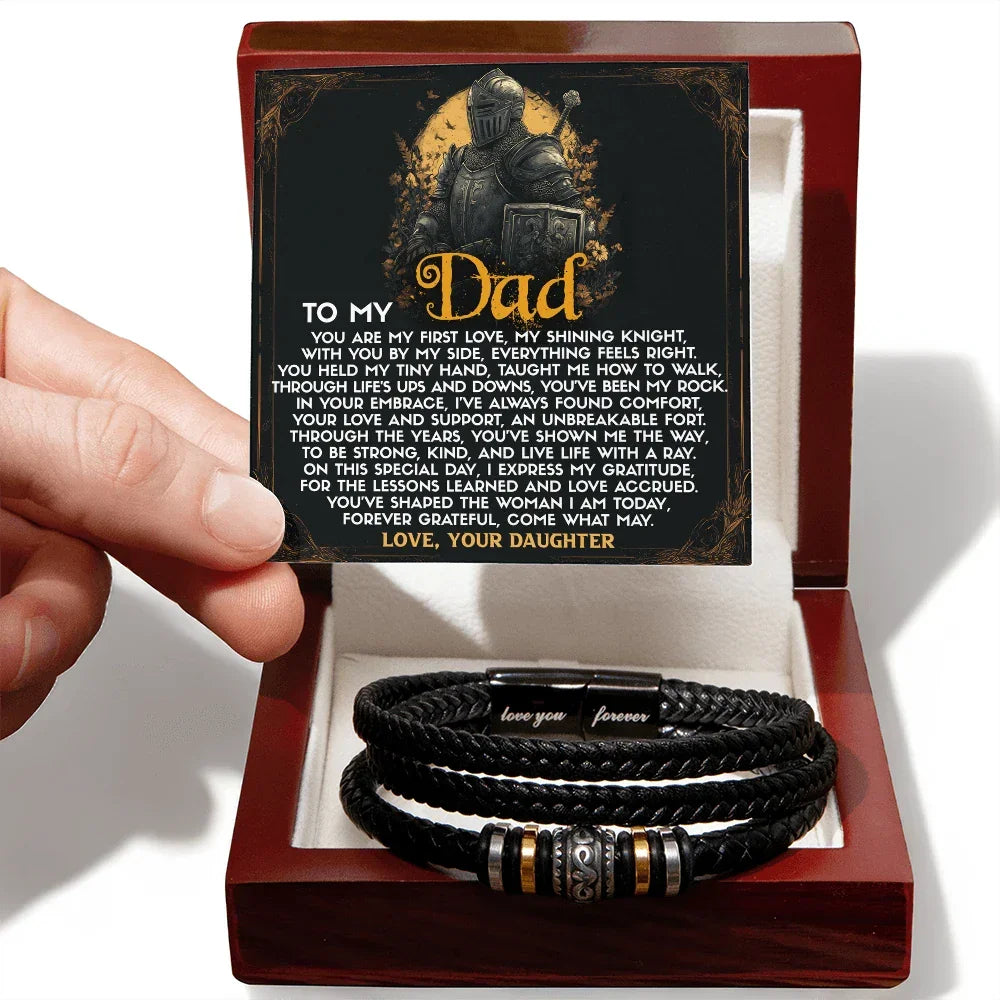 To My Dad from Daughter Birthday, Father's Day Gift - Men's Vegan Leather Bracelet with First Love Message Card