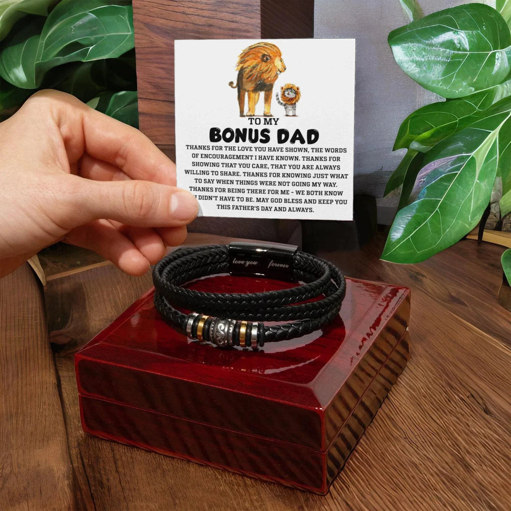 Bonus Dad Father's Day Gift - Men's Love You Forever Bracelet with Grateful Heart Message Card - Braided Vegan Leather Bracelet - Meaningful Stepdad Appreciation Gift