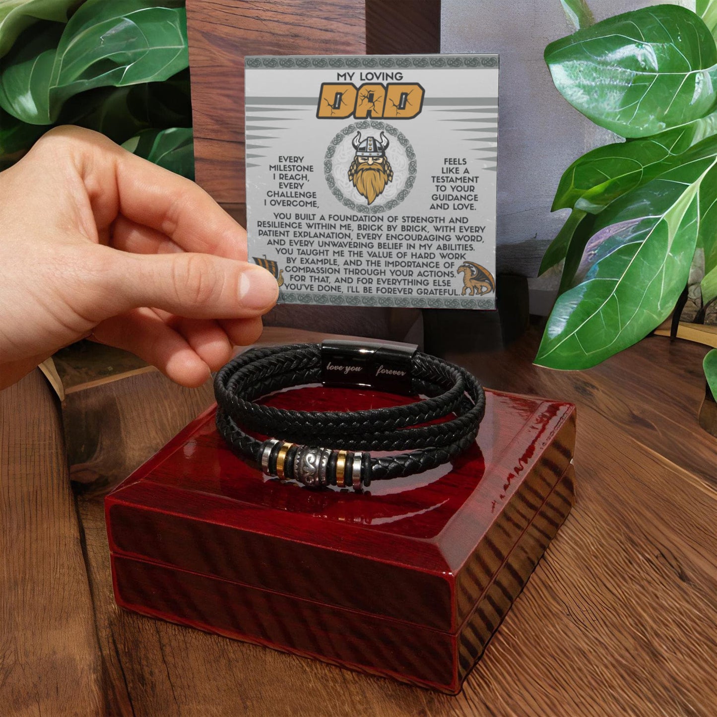 My Loving Dad Birthday, Father's Day Gift - Men's Vegan Leather Bracelet with Viking-Inspired “Foundation Builder” Message Card - Mallard Moon Gift Shop