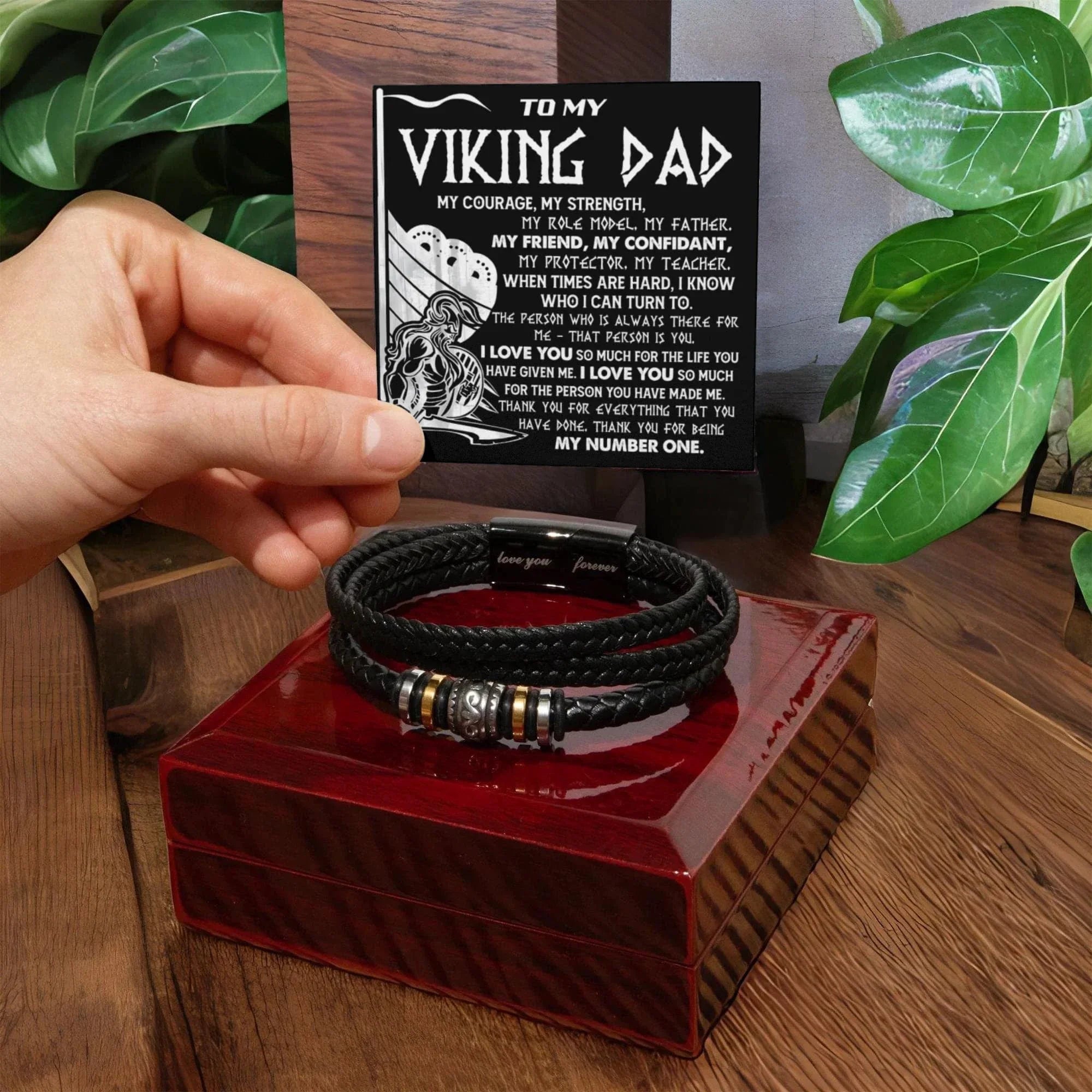 Viking Dad Father's Day, Birthday Gift - Men's Braided Vegan Leather Bracelet with Bold Viking Message Card