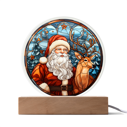 Santa and Reindeer Stained Glass Acrylic Plaque – Round LED Light Christmas Décor | Festive Holiday Gift Keepsake