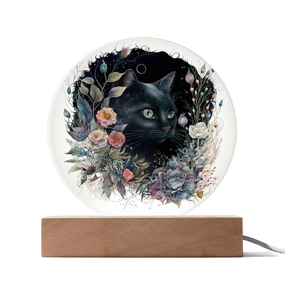 Moonlit Mystery: Black Cat Acrylic Plaque Showcase