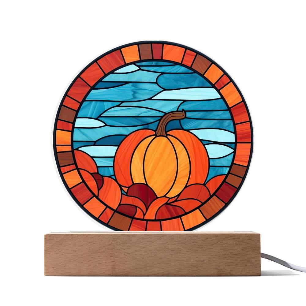 Pumpkin Stained-Glass Fall, Halloween, or Thanksgiving Home Decor Round Acrylic Plaque with Lighted LED Wooden Base - Mallard Moon Gift Shop