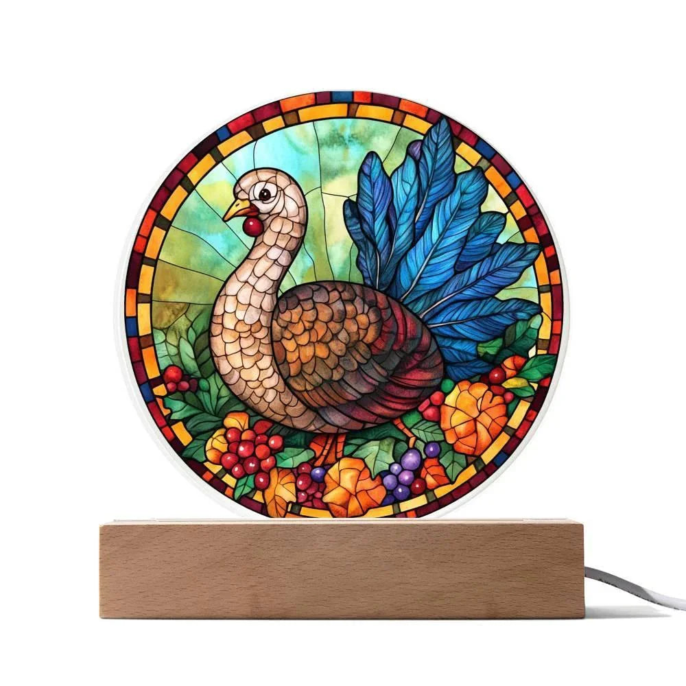 Turkey Stained-glass Round Acrylic Plaque - LED Lighted Wooden Base