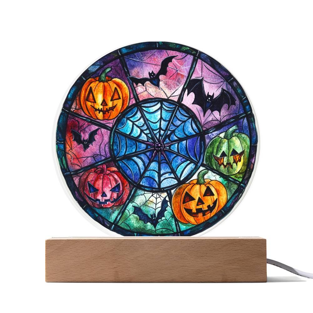 Spooky Halloween Decor Round Acrylic Plaque with Lighted LED Wooden Base - Mallard Moon Gift Shop