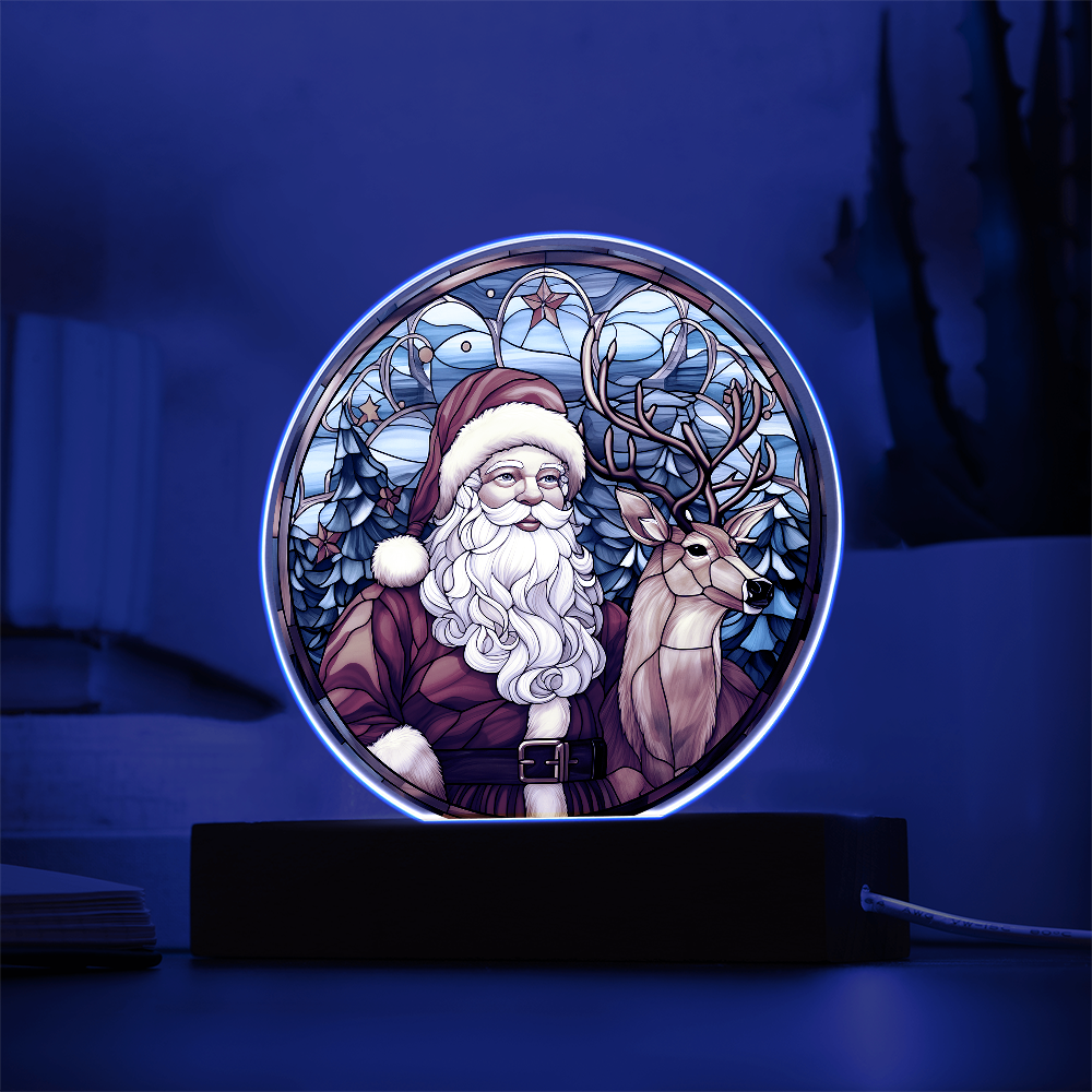 Santa and Reindeer Stained Glass Acrylic Plaque – Round LED Light Christmas Décor | Festive Holiday Gift Keepsake