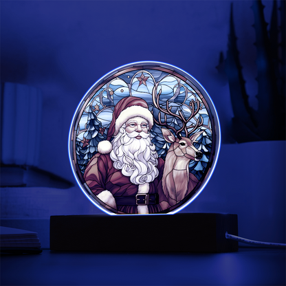 Santa and Reindeer Stained Glass Acrylic Plaque – Round LED Light Christmas Décor | Festive Holiday Gift Keepsake