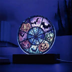 Spooky Halloween Decor Round Acrylic Plaque with Lighted LED Wooden Base