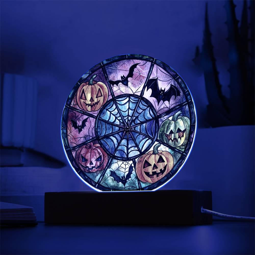 Spooky Halloween Decor Round Acrylic Plaque with Lighted LED Wooden Base - Mallard Moon Gift Shop