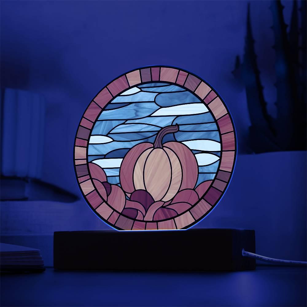 Pumpkin Stained-Glass Fall, Halloween, or Thanksgiving Home Decor Round Acrylic Plaque with Lighted LED Wooden Base - Mallard Moon Gift Shop