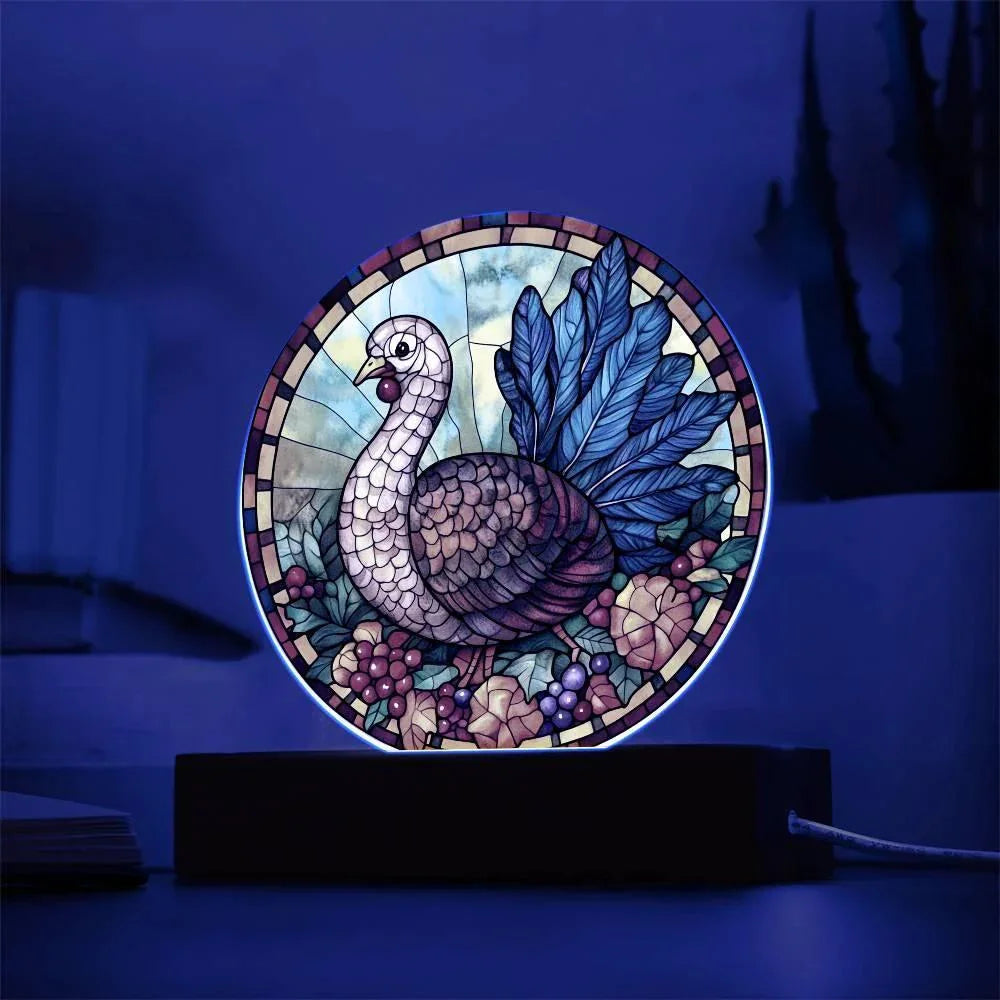 Turkey Stained-glass Round Acrylic Plaque - LED Lighted Wooden Base