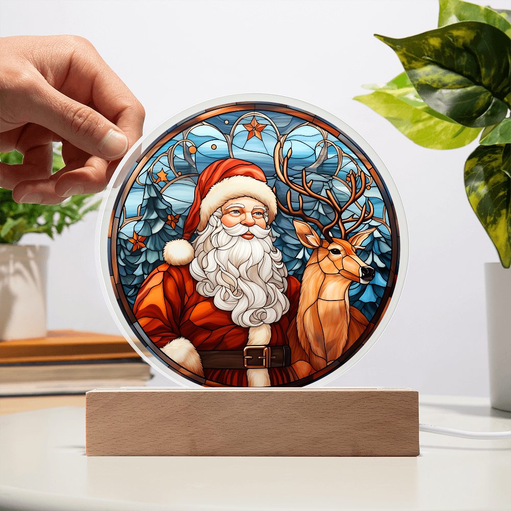 Santa and Reindeer Stained Glass Acrylic Plaque – Round LED Light Christmas Décor | Festive Holiday Gift Keepsake