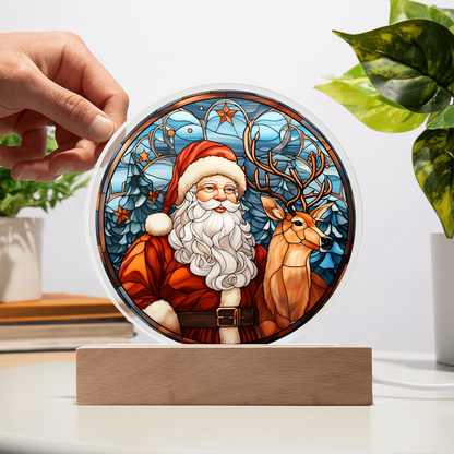 Santa and Reindeer Stained Glass Acrylic Plaque – Round LED Light Christmas Décor | Festive Holiday Gift Keepsake