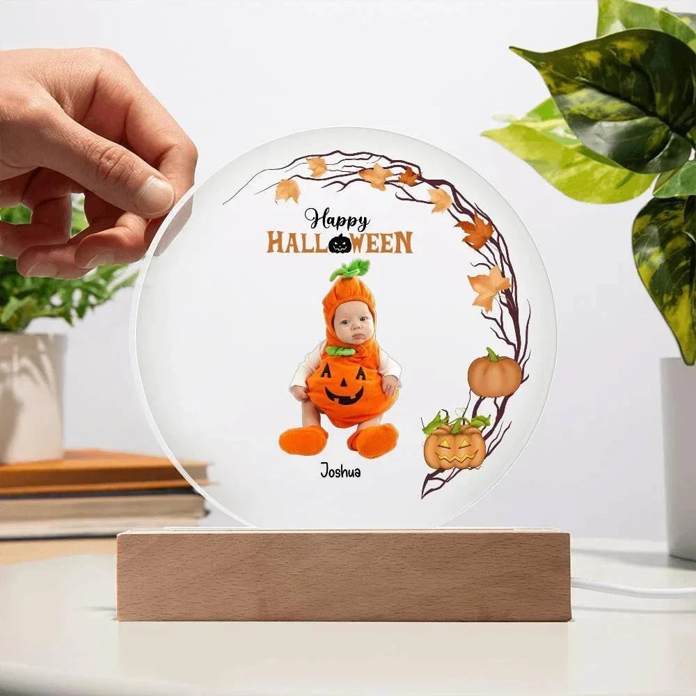 Personalized Halloween Photo Upload - Baby First Halloween Keepsake - Family Costume Round Acrylic Plaque with LED Lighted Base