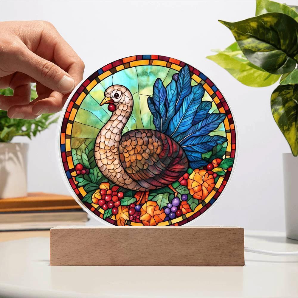 Turkey Stained-glass Round Acrylic Plaque - LED Lighted Wooden Base