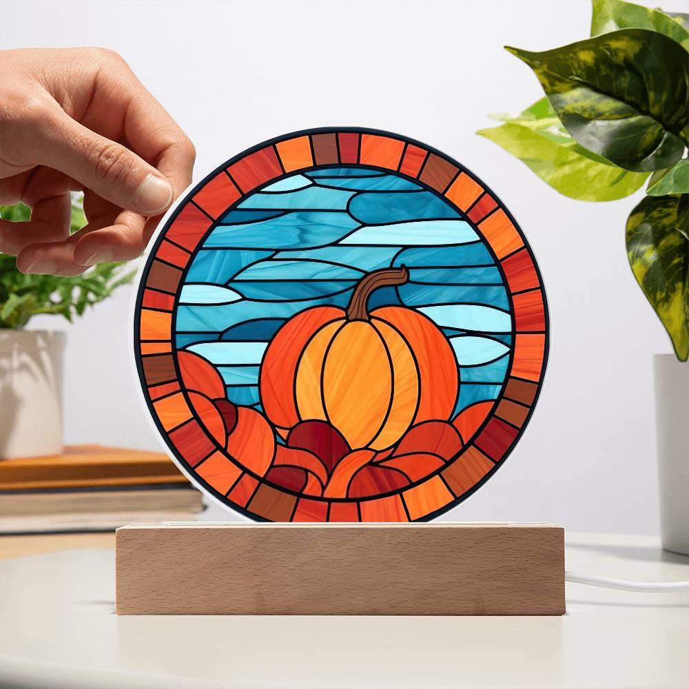 Pumpkin Stained-Glass Fall, Halloween, or Thanksgiving Home Decor Round Acrylic Plaque with Lighted LED Wooden Base - Mallard Moon Gift Shop