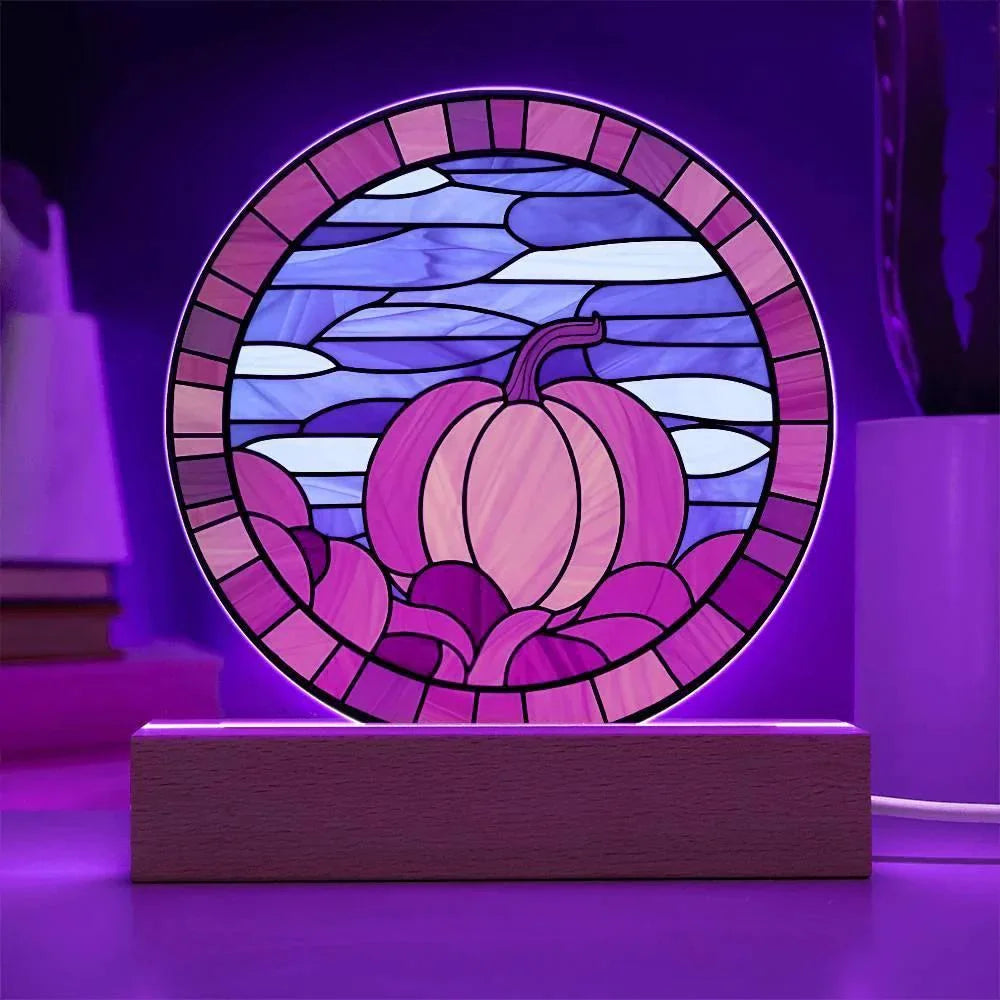 Pumpkin Stained-Glass Fall, Halloween, or Thanksgiving Home Decor Round Acrylic Plaque with Lighted LED Wooden Base