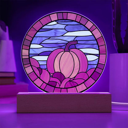Pumpkin Stained-Glass Fall, Halloween, or Thanksgiving Home Decor Round Acrylic Plaque with Lighted LED Wooden Base - Mallard Moon Gift Shop