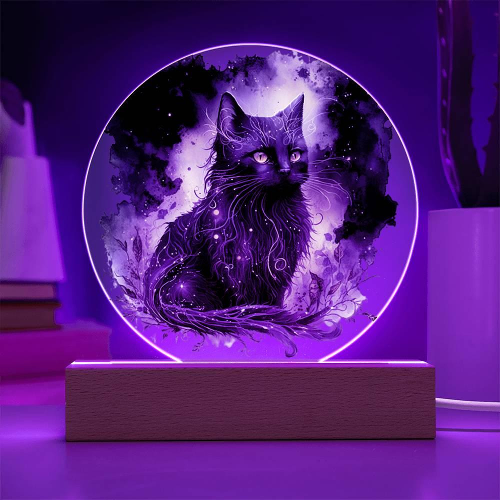 Black Cat Magic Spooky Halloween Printed Circle Acrylic Plaque with LED Lighted Wooden Base - Mallard Moon Gift Shop