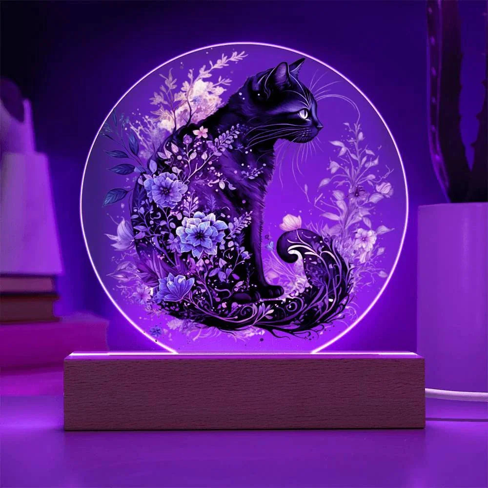 Hallow's Eve Feline: Enchanting Acrylic Plaque Halloween Black Cat Table-top Lighted Decor