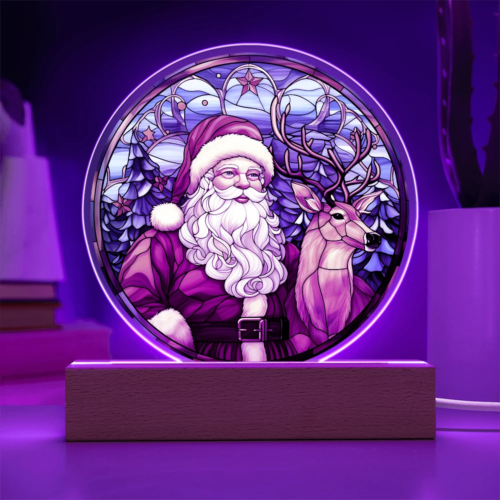 Santa and Reindeer Stained Glass Acrylic Plaque – Round LED Light Christmas Décor | Festive Holiday Gift Keepsake